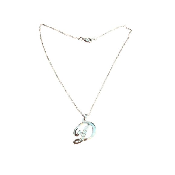 Silver Tone Initial "D" Pendant Necklace Clear Crystal Rhinestone Dainty 15" - Picture 1 of 4